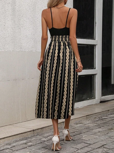 Kadın Ip Askılı Kruvaze Yakalı üst Viskon Alt Desenli Süprem Elbise - Resim 2