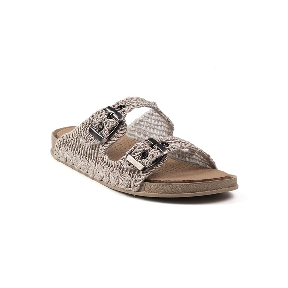 Kadın Bej Hasır Terlik Örgü Dantel Nakış İşlemeli Triko Yazlık Tatil Ev Günlük Terlik - Resim 4