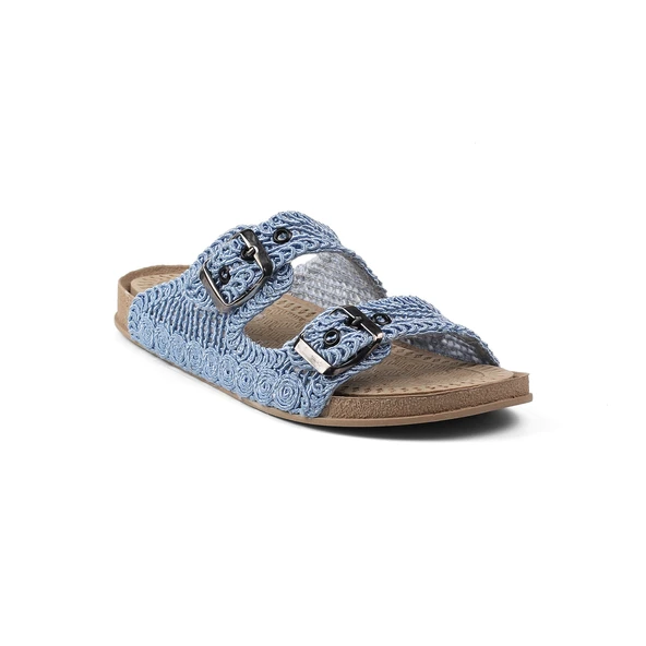 Kadın Mavi Hasır Terlik Örgü Dantel Nakış İşlemeli Triko Yazlık Tatil Ev Günlük Terlik - Resim 4