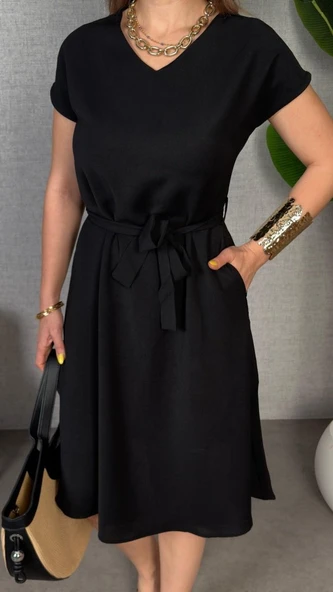 Kadın Kısa Kollu V Yakalı Beli Kuşaklı Ithal Keten Elbise - Resim 3