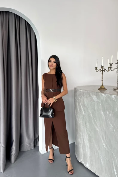 CEKET-ETEK GÖRÜNÜMLÜ ELBİSEÇİFT KEMER DETAYLI - Kahverengi - Resim 3