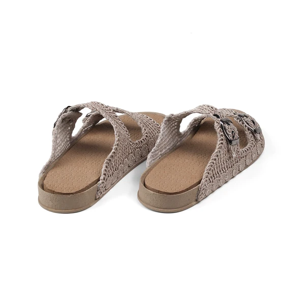 Kadın Bej Hasır Terlik Örgü Dantel Nakış İşlemeli Triko Yazlık Tatil Ev Günlük Terlik - Resim 2