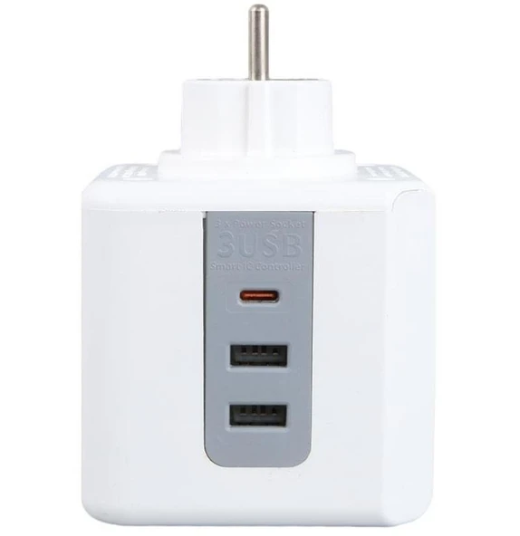VEA VE-23089 Beyaz Grup Priz 3'Lü 2x USB 1x TYPE-C Çoçuk ve Termal Korumalı - Resim 2