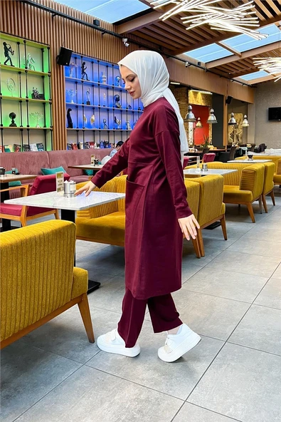 Önden İki Cepli Sade Basic Uzun Tunik Pantolon İkili Spor Takımı - 03067-1.009 - Bordo - Resim 6