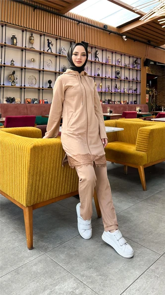 Fermuarlı Kapşonlu Dantel Desenli Tunik Pantolon İkili Spor Takım - (38-46) - 71158 - Bej - Resim 3