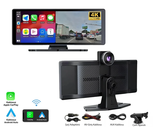 4K 10.2 inç Carplay Android Auto Uyumlu Çift Kameralı Araç Multimedya Ekran