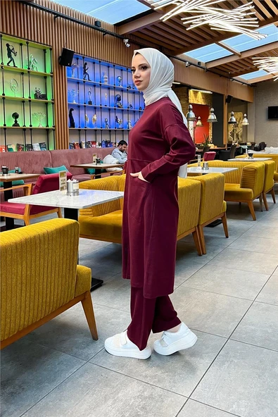 Önden İki Cepli Sade Basic Uzun Tunik Pantolon İkili Spor Takımı - 03067-1.009 - Bordo - Resim 7