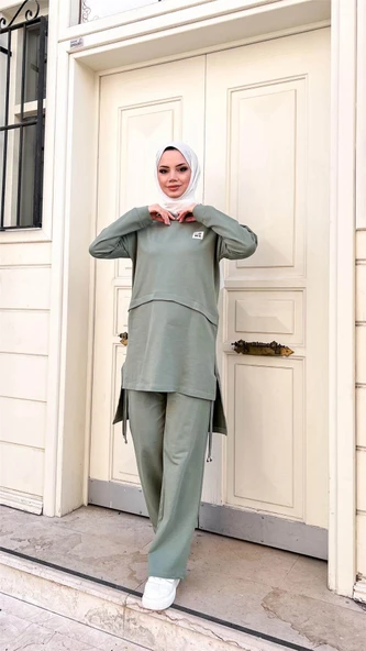Kapşonlu Yırtmacı Bağcık Detaylı Pamuklu Tesettür Eşofman Takımı - (38-46) - 71168 - Çağla Yeşili - Resim 8