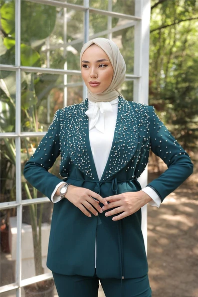 Belden Bağlamalı İncili Ceket Takımı - (38-46) - 71193 - Zümrüt Yeşili - Resim 6