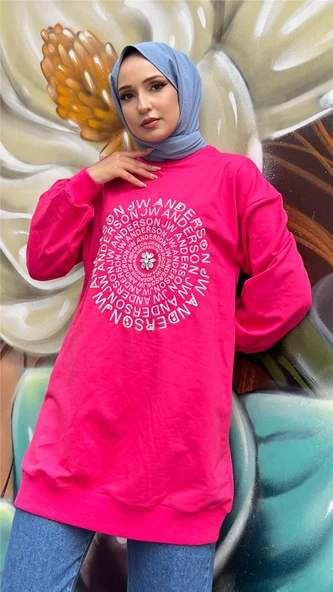 Papatya Taş Detaylı Nakış Baskılı Sweatshirt - (38-46) - 71143 - Fuşya ürün görseli