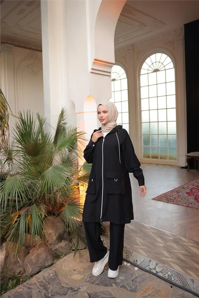 Kapşonlu Fermuarlı Çift Cepli Kap İkili Tesettür Eşofman Takımı - (38-46) - 71305 - Siyah - Resim 3