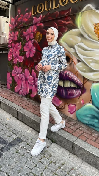 Lupin Taş Detaylı Desenli Gömlek - (38-46) - 71131 - İndigo - 3