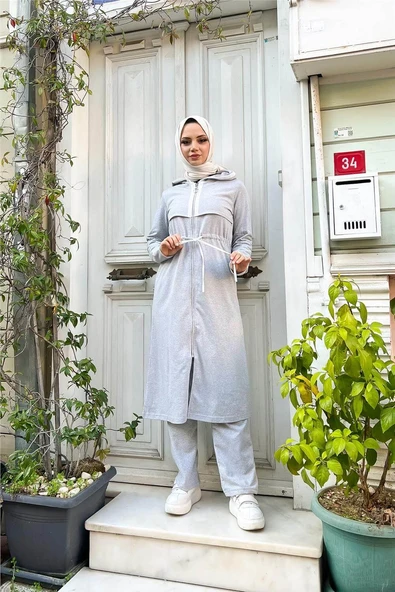 Kapşonlu Fermuarlı Belden Beyaz Bağcıklı Sade Basic İkili Spor Takımı - 03074-1.008 - Gri ürün görseli
