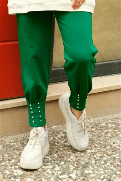 Zehmeri Taşlı ve Beli Lastikli Pantolon - (38-46) - 71101 - Koyu Yeşil - Resim 3