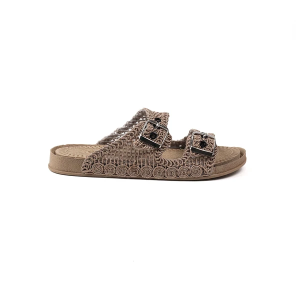 Kadın Camel Hasır Terlik Örgü Dantel Nakış İşlemeli Triko Yazlık Tatil Ev Günlük Terlik - Resim 3