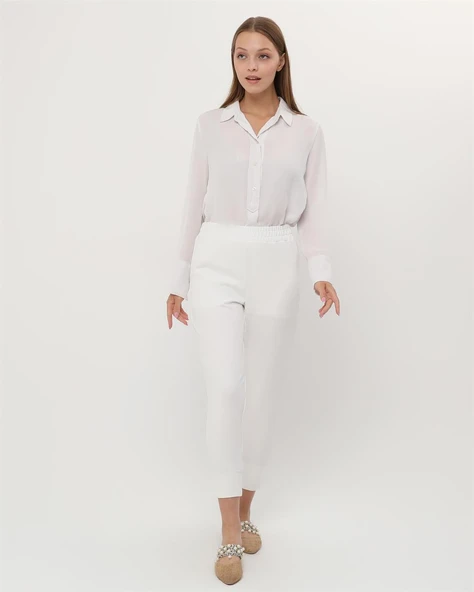 Step Paçası Manşetli Beli Lastikli Pantolon - (38-46) - 71125 - Krem - Resim 3