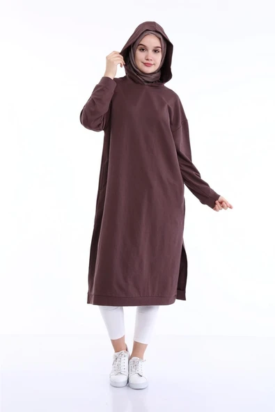 Atlas Kapşonlu Uzun Sade Basic Sweatshirt - 03007-1.028 - Kahverengi - Resim 9