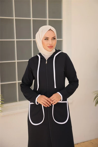 Kapşonlu Fermuarlı Cepli Uzun İkili Tesettür Eşofman Takımı - (38-46) - 71189 - Lacivert - Resim 3