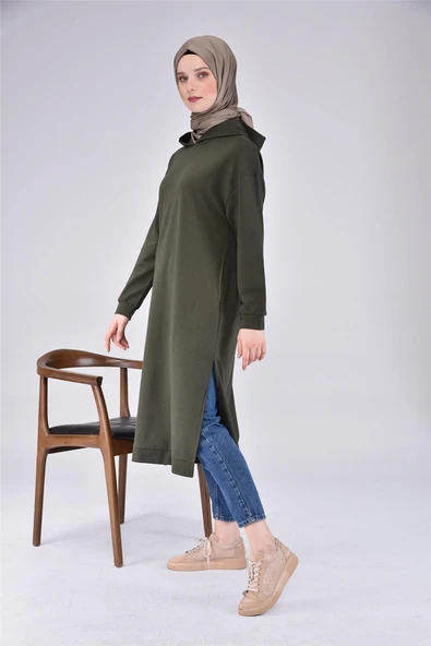 Atlas Kapşonlu Uzun Sade Basic Sweatshirt - 03007-1.005 - Haki - Resim 8