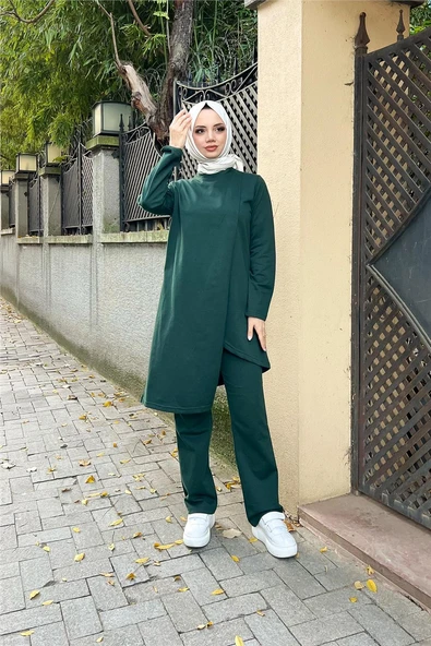 Kruvaze Bisiklet Yaka Sade Basic Tunik Panolon İkili Takım - 03076-1.021 - Nefti - Resim 5