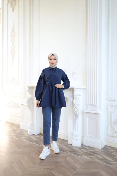 Kolları Lastikli Belden Büzgülü Bağcık Düğmeli Gömlek - (38-46) - 71302 - Lacivert - Resim 2