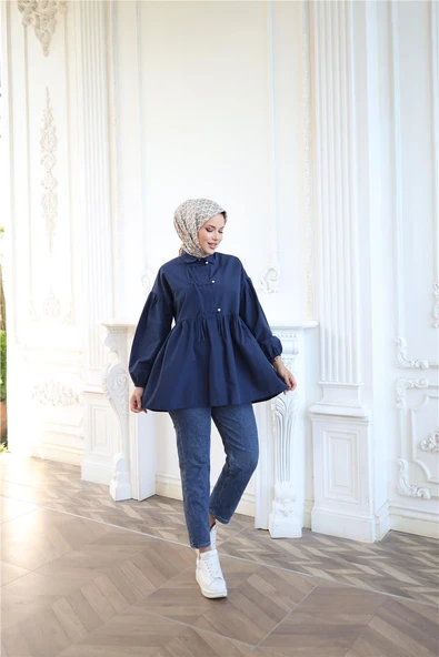 Kolları Lastikli Belden Büzgülü Bağcık Düğmeli Gömlek - (38-46) - 71302 - Lacivert - Resim 4