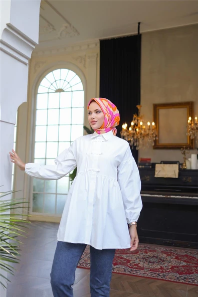 Kolları Lastikli Belden Büzgülü Bağcık Düğmeli Gömlek - (38-46) - 71302 - Ekru - Resim 4