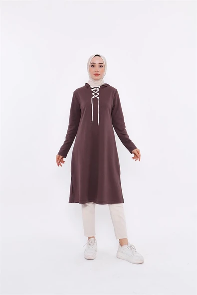 Eflin Yakadan Bağlamalı Kapşonlu Uzun Sweatshirt - 03030-1.028 - Kahverengi ürün görseli