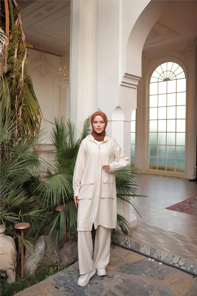 Kapşonlu Fermuarlı Çift Cepli Kap İkili Tesettür Eşofman Takımı - (38-46) - 71305 - Bej ürün görseli