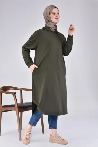 Atlas Kapşonlu Uzun Sade Basic Sweatshirt - 03007-1.005 - Haki - Resim 6