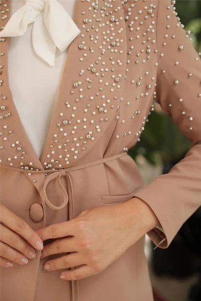 Belden Bağlamalı İncili Ceket Takımı - (38-46) - 71193 - Bej - Resim 7