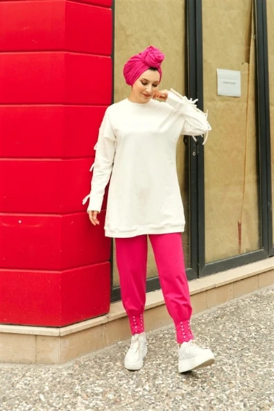 Zehmeri Taşlı ve Beli Lastikli Pantolon - (38-46) - 71101 - Fuşya - Resim 4