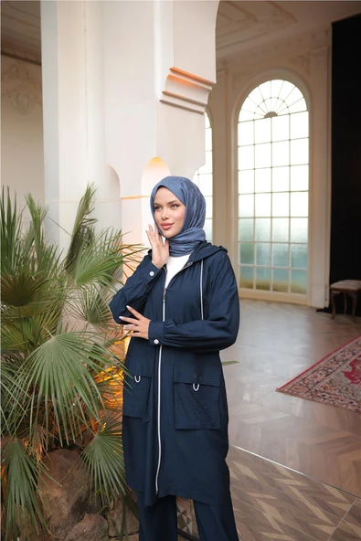 Kapşonlu Fermuarlı Çift Cepli Kap İkili Tesettür Eşofman Takımı - (38-46) - 71305 - Lacivert - Resim 4