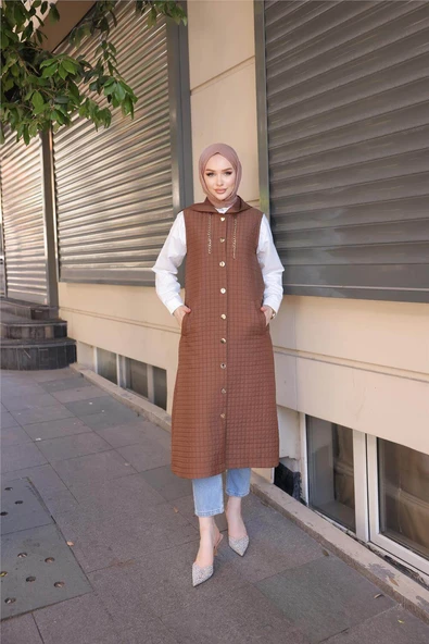 Kapşonlu Çıtçıtlı Kolsuz Cepli Uzun Kapitone Yelek - (38-46) - 71195 - Kahverengi - 1