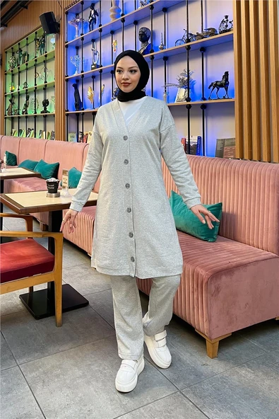 Düğmeli V Yakalı Sade Basic Eşofman Spor İkili Takım - 03051-1.008 - Gri - Resim 5