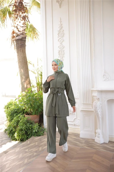 Balıkçı Yaka Belden Bağcıklı Fermuarlı İkili Tesettür Eşofman Takımı - (38-46) - 71301 - Haki - Resim 2