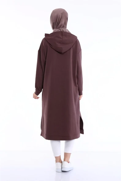Atlas Kapşonlu Uzun Sade Basic Sweatshirt - 03007-1.028 - Kahverengi - Resim 2