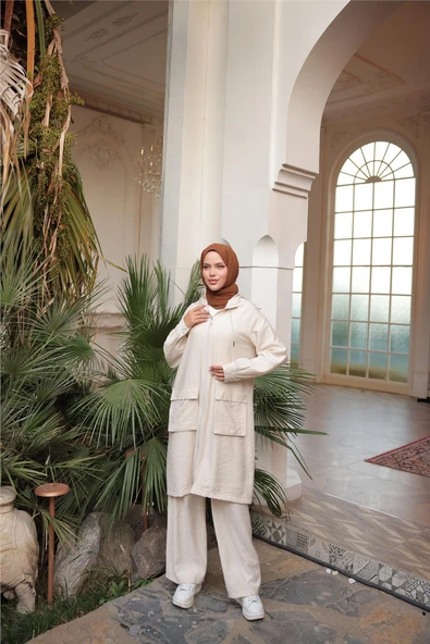 Kapşonlu Fermuarlı Çift Cepli Kap İkili Tesettür Eşofman Takımı - (38-46) - 71305 - Bej - Resim 2