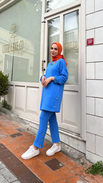 Candy Kolye Detaylı Tunik Pantolon İkili Takım - (38-46) - 71136 - Saks - 2