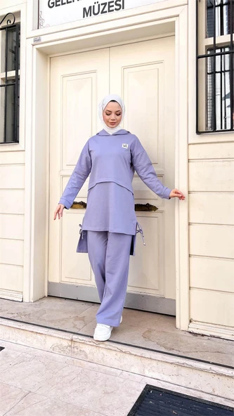 Kapşonlu Yırtmacı Bağcık Detaylı Pamuklu Tesettür Eşofman Takımı - (38-46) - 71168 - Lila - Resim 6