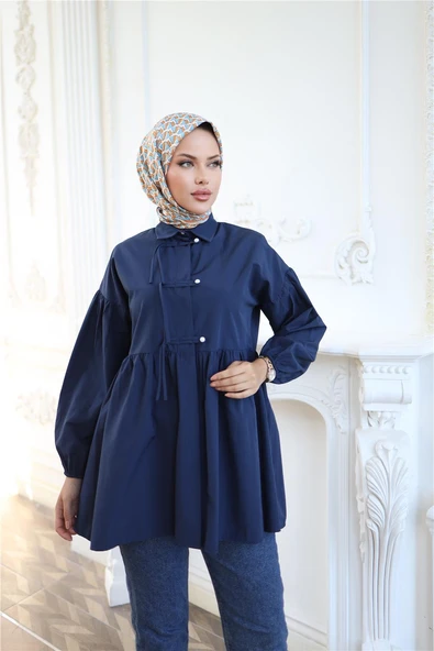 Kolları Lastikli Belden Büzgülü Bağcık Düğmeli Gömlek - (38-46) - 71302 - Lacivert ürün görseli