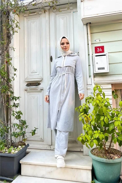 Kapşonlu Fermuarlı Belden Beyaz Bağcıklı Sade Basic İkili Spor Takımı - 03074-1.008 - Gri - Resim 5