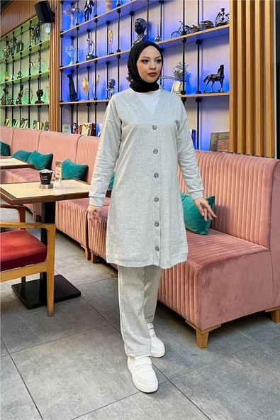 Düğmeli V Yakalı Sade Basic Eşofman Spor İkili Takım - 03051-1.008 - Gri - Resim 2