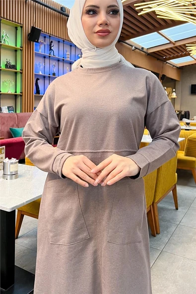 Önden İki Cepli Sade Basic Uzun Tunik Pantolon İkili Spor Takımı - 03067-1.016 - Vizon - Resim 8