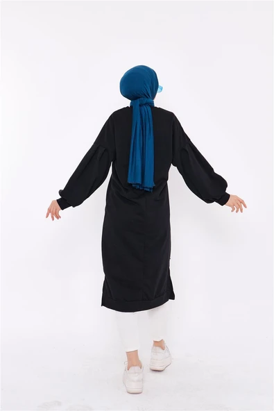 Hira Balon Kol Midi Boy Sade Basic Sweatshirt - 03031-1.003 - Siyah - Resim 4
