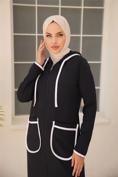 Kapşonlu Fermuarlı Cepli Uzun İkili Tesettür Eşofman Takımı - (38-46) - 71189 - Lacivert - Resim 4