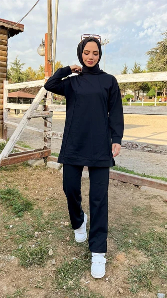 Kapşonlu O Yaka Sade Basic İkili Eşofman Spor Takımı - 03039-1.003 - Siyah - Resim 4