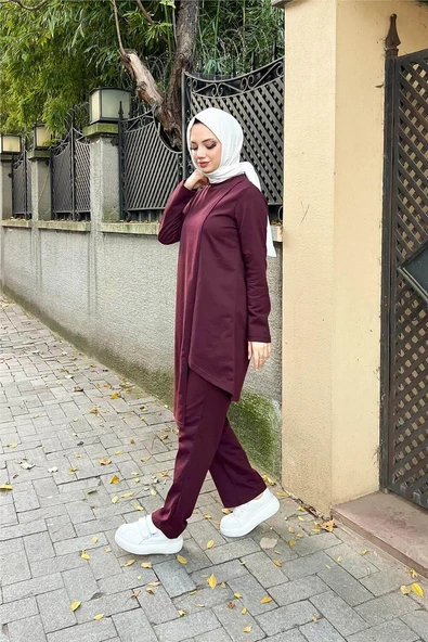 Kruvaze Bisiklet Yaka Sade Basic Tunik Panolon İkili Takım - 03076-1.020 - Mürdüm - Resim 6