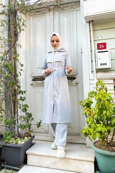 Kapşonlu Fermuarlı Belden Beyaz Bağcıklı Sade Basic İkili Spor Takımı - 03074-1.008 - Gri - Resim 4