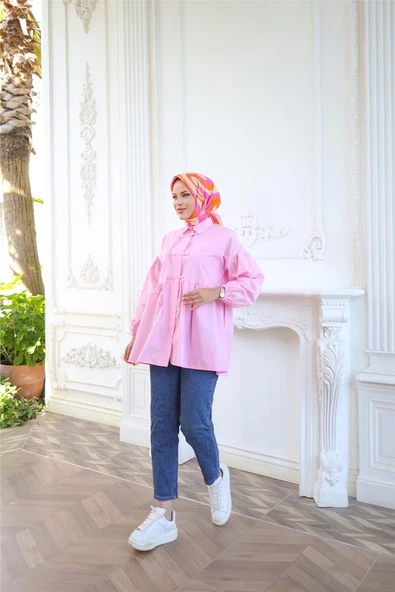 Kolları Lastikli Belden Büzgülü Bağcık Düğmeli Gömlek - (38-46) - 71302 - Pembe - Resim 4